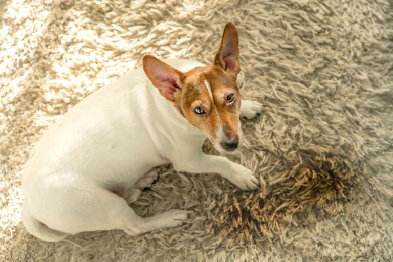 Jack Russell Terrier Dog Laying on Floor Next to Pee Stain
